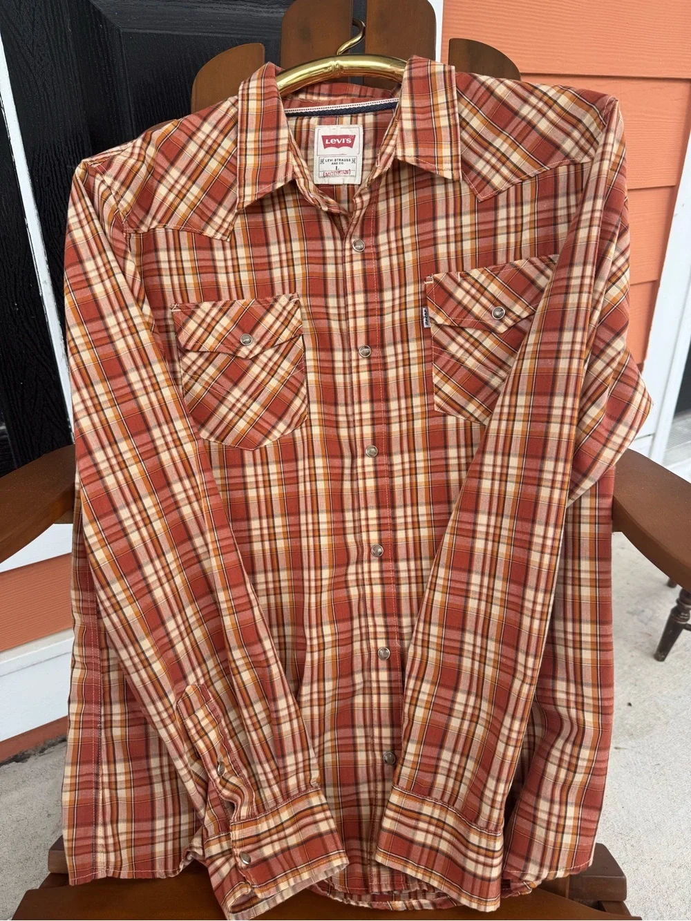 Levi's Men's unisex Orange and Cream Plaid Western Button-Down Shirt